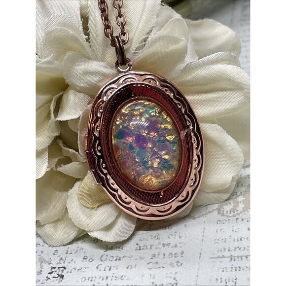 Rose Gold Brass Harlequin Opal Birthday Gift Locket Necklace Pendant Wedding - Picture 2 of 14